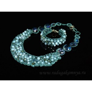 Колье и браслет в оплетении с цирконами цвет васильково-белый, 53см, 18см