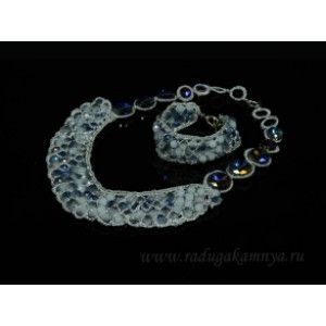 Колье и браслет в оплетении с цирконами цвет сине-белый, 53см, 18см