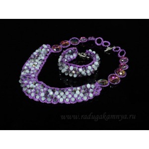 Колье и браслет в оплетении с цирконами цвет сиренево-белый, 53см, 18см