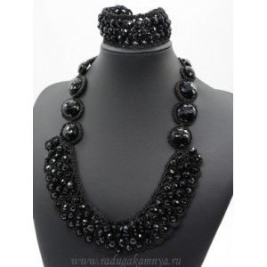 Колье и браслет ручной работы с цирконами цвет черный, 53см, 19см
