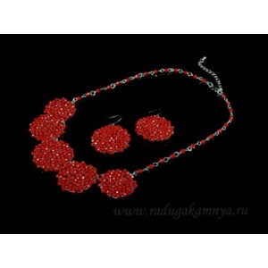 Колье и Серьги из циркона "Круги" на цепочке, цвет красный, 46см