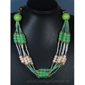 Колье из бисера 6нитей с цирконом на цепочке цвет салатовый, 60см