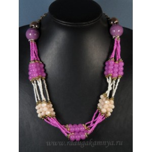 Колье из бисера 6нитей с цирконом на цепочке цвет фуксия, 60см