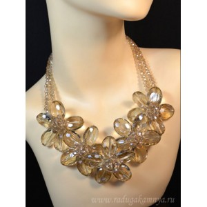 Колье с цирконами 2 нити 5 цветков 55мм цвет шампань, 50см