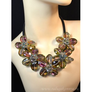 Колье с цирконами 5 цветков 55мм цвет розово-зеленый, 48см