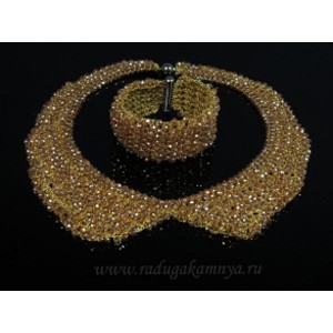 Колье-воротник и браслет из циркона плетение цвет горчичный, 45см, 18,5см