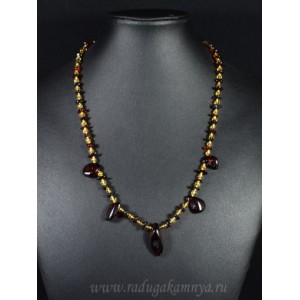 Колье из янтаря с бисером 5 висюлек галтовка коньячный, 13гр, 51см