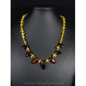 Колье из янтаря с бисером 7 висюлек галтовка лимонный, коньячный, 15гр, 48см