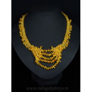 Колье с янтарем и бисером "паутинка" медовый, 46см