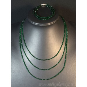 Колье с браслетом из шпинели зеленой 3 нити, шарик гр.2мм, 45см, 18см, 17гр.