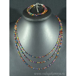 Колье с браслетом из шпинели мульти, 3 нити, шарик гр.2мм, 47см, 16см, 13г