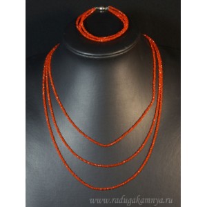 Колье с браслетом из шпинели оранжевой 3 нити, шарик гр.2мм, 45см, 18см, 17гр.
