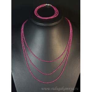 Колье с браслетом из шпинели розовой, 3 нити, шарик гр.2мм, 45см, 18см, 17гр.
