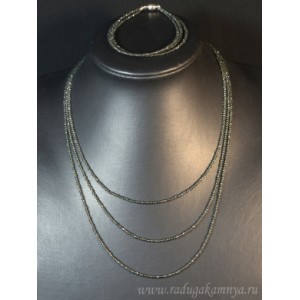 Колье с браслетом из шпинели серой, 3 нити, шарик гр.2мм, 45см, 18см, 17гр.