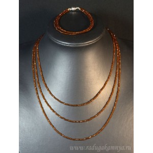 Колье с браслетом из шпинели цвет коньячный, 3 нити, шарик гр.2мм, 43см, 18см, 17гр.