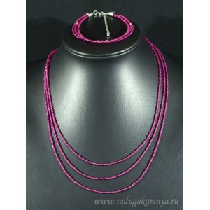 Колье с браслетом из шпинели цвет малиновый, 3 нити, шарик гр.2мм, 47см, 19см, 15,7г