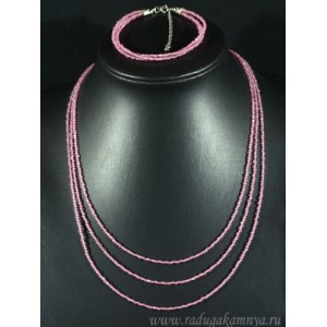 Колье с браслетом из шпинели цвет розовый, 3 нити, шарик гр.2мм, 47см, 19см, 15г