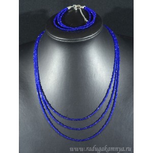 Колье с браслетом из шпинели цвет синий, 3 нити, шарик гр.2мм, 46см, 19см, 13г