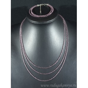 Колье с браслетом из шпинели цвет сиреневый, 3 нити, шарик гр.2мм, 46см, 20см, 13,3г