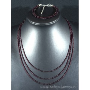 Колье с браслетом из шпинели цвет фиолетовый, 3 нити, шарик гр.2мм, 47см, 19см, 13,6г