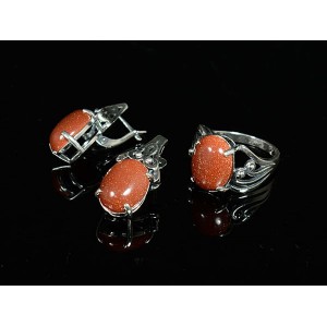 Кольцо и серьги с авантюрином красным имитация