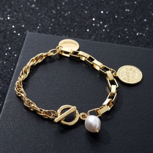 Браслет жемчуг "Цепь" неформальная, цвет белый, цвет золотистый, см длина 20см