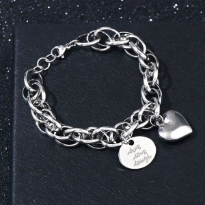 Браслет "Цепь" объёмное сердце и медальон, цвет серебро