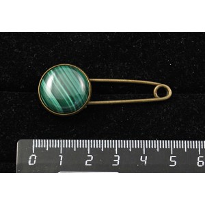 Брошь-булавка с малахитом, круг 18мм, цвет бронза