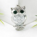 Брошь "Сова", цвет зелёно-белый, цвет серебристый (стразы, эмаль)