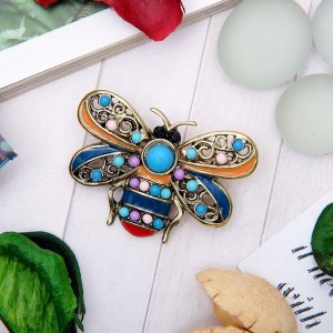 Брошь "Муха этническая", цветная в черненом золоте (пластик, эмаль)