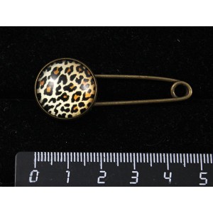 Брошь-булавка с кабошоном из пластика, рисунок леопард, круг 18мм, цвет бронза