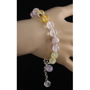 Браслет аметист, пренит, цитрин, розовый кварц, горный хрусталь, на застежке, шарик 10мм огранка