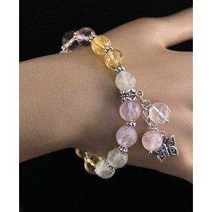 Браслет аметист, пренит, цитрин, розовый кварц, горный хрусталь, с подвеской, шарик 10мм огранка