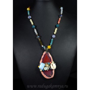 Бусы из циркона с подвеской срез агата тонированного цвет рыжий, 49см