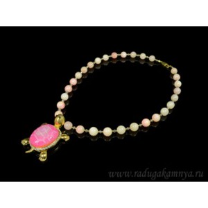 Бусы с подвеской Черепашка в желтом металле из агата тонир.розовый, 50см