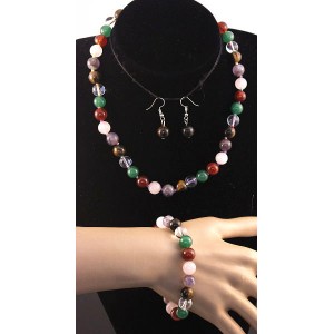 Бусы, браслет и серьги мультикамни, шарик 10мм (бусы 49 см, браслет 19 см)