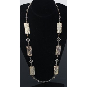 Колье из яшмы пестрой длинное 70см, 6 прямоугольников, шарик 8 и 6мм