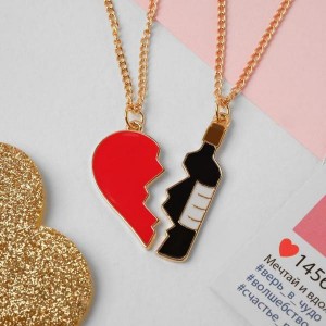 Кулоны "Неразлучники" сердце и вино, цветной, цвет золотистый, 45 см