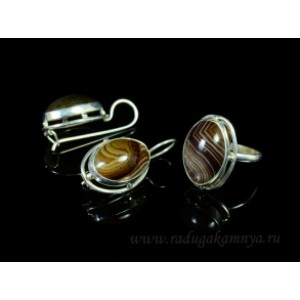 Кольцо и серьги с агатом в посеребрении овал 16*21мм