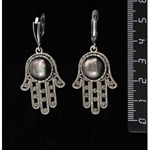 Серьги из гелиотиса (иск.), круг 12мм, "хамса", швензы посеребрение