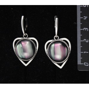 Серьги из гелиотиса (иск.), "сердечко", круг 18мм, швензы посеребрение