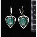 Серьги из малахита "сердечко", круг 18мм, швензы посеребрение