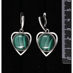 Серьги из малахита "сердечко", круг 18мм, швензы посеребрение
