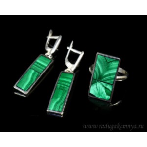 Кольцо и серьги мозаика "Прямоугольники" из малахита