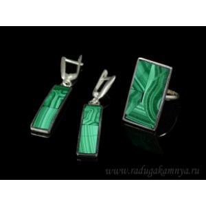 Кольцо и серьги мозаика "Прямоугольники" из малахита