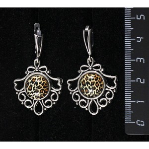 Серьги с кабошоном из пластика , рисунок "леопард", круг 12мм, оправа "балерина"