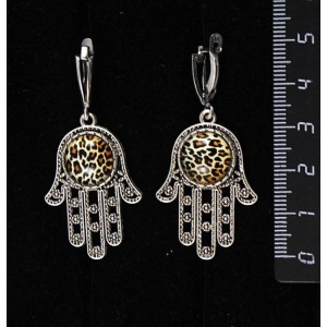 Серьги с кабошоном из пластика , рисунок "леопард", круг 12мм, "хамса", швензы посеребрение