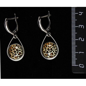 Серьги с кабошоном из пластика , рисунок "леопард", круг 12мм, "капелька", швензы посеребрение