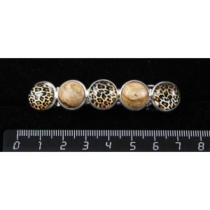 Заколка с кабошоном из пластика и яшмы песочной, рисунок "леопард",  6см, круг 12мм, 5 камней