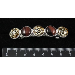 Заколка с кабошоном из пластика и бычьего глаза , рисунок "леопард",  6см, круг 12мм, 5 камней